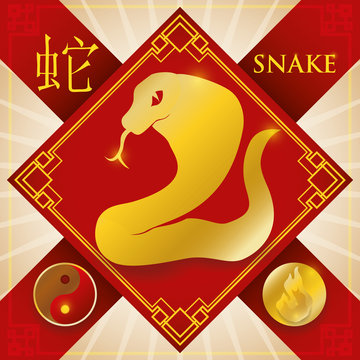 Charm with Chinese Zodiac Snake, Fire Element and Yin Symbol, Vector Illustration