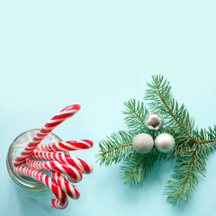 Christmas decoration with candy canes in glass with evergreen tree on blue background. Copy space.