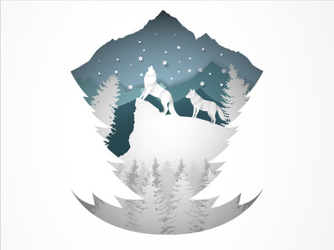 illustration vector of wolf howling in forest with snow in the winter season and christmas tree, vector paper art style of winter and chirstmas season design concept