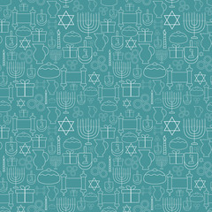 Hanukkah holiday flat design white thin line icons seamless pattern