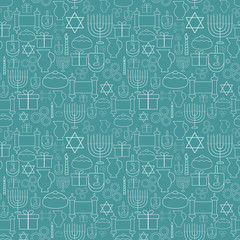 Hanukkah holiday flat design white thin line icons seamless pattern