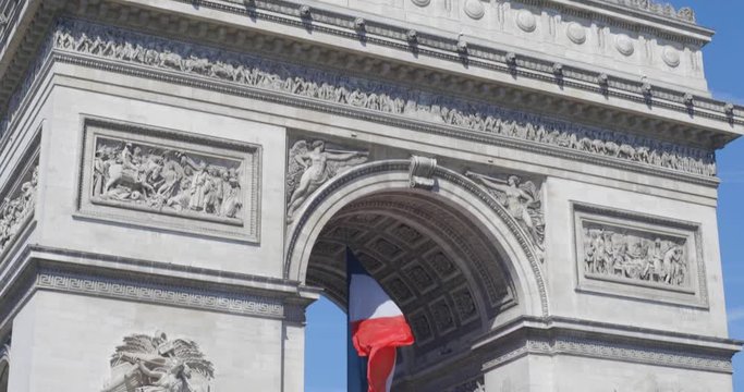 Arc de Triomphe Champs Elysees Etoile French Flag, Paris, France (Close Up, Panoramic, 4K, Color Graded)