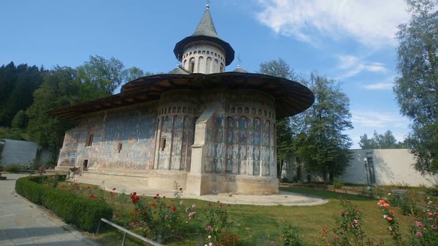 Voronet Monastery church decorated of paintings is cultural attraction from Romania
