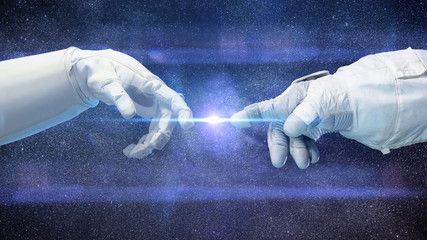 two near touching hands in space suits, Michelangelo touch pose 