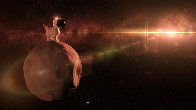 cute cartoon space dog in white space suit standing on an asteroid in front of the Milky Way galaxy (3d render)