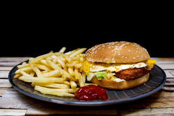 American fish burger with Golden French fries