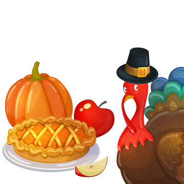 Thanksgiving day turkey and traditional thanksgiving food, cartoon illustration. Vector.