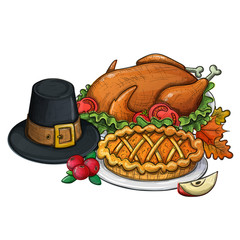 Traditional Thanksgiving food, colorful sketch illustration. Vector
