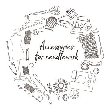 Set of tools for needlework and sewing. Handmade equipment and needlework accessoriesy, line cartoon illustration. Vector