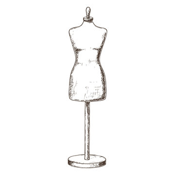 Female tailors dummy on white background, sketch illustration of accessories for handicrafts. Vector