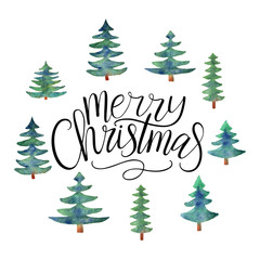Merry Christmas vector text calligraphic with Christmas trees in