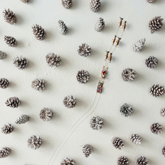 Santa claus sleigh and reindeer in snowy winter forest made of pinecones. Minimal christmas concept. Flat lay.