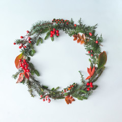 Christmas round frame made of natural winter and autumn things. Flat lay. Holiday concept.