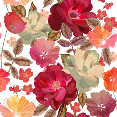 Abstract seamless pattern with isolated hand drawn flowers on wh