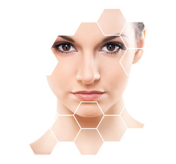 Human face in honeycomb. Young and healthy woman in plastic surgery, medicine, spa and face lifting...