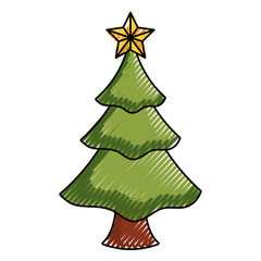 flat line colored christmas tree over white  background  vector illustration