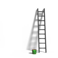 miniature figurine ladder and green paint in front of a wall isolated with shadow on white background
