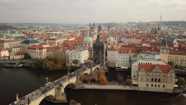 Prague Aerial. Charles Bridge, Mala Strana, Kampa and Prague Castle.