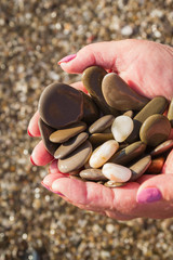 Sea stones in hands on the beach in the summer