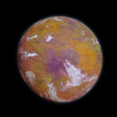 alien planet, habitable exoplanet with atmosphere and colorful surface isolated on black background