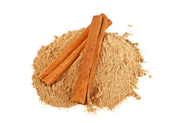 Cinnamon spice - two sticks and powder on a white background