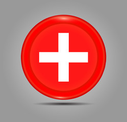 First aid cross icon. Medical cross icon. Web button glossy on grey background. 3D button Flag of Switzerland. Vector illustration.