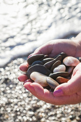 Sea stones in hands on the beach in the summer