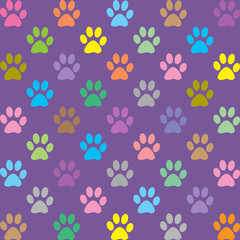 Colorful puppy paws pattern on purple background