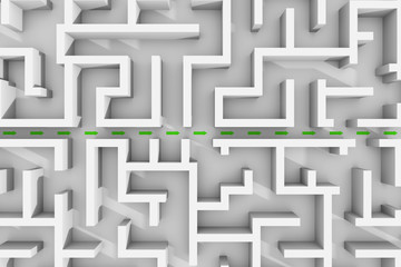 white maze structure, green arrows showing shortcut through the labyrinth garden 