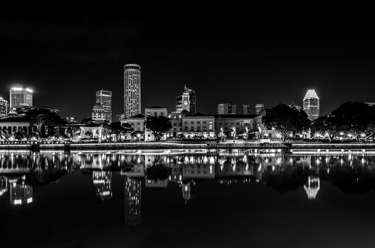Singapore reflection's, view of singapore skyline by night. balck and white