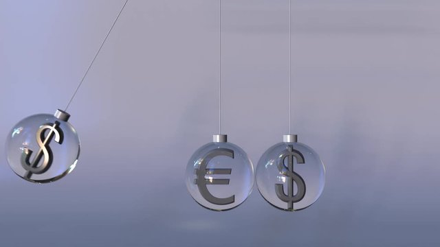 Swinging Newton's cradle made of euro and dollar currency signs. Forex interaction, international banking or multicurrency operation concepts