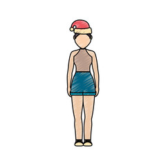 flat line colored  woman  with santa hat doodle over  white background  vector illustration