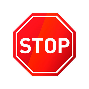 Stop red glossy road sign on white