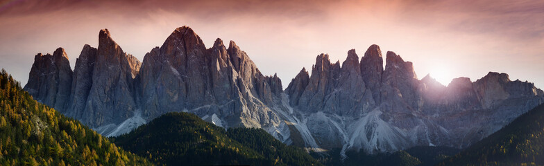 The beautiful Dolomites group of Odle in the Natural Park of Odle-Puez, Val di Funes. Bolzano,...