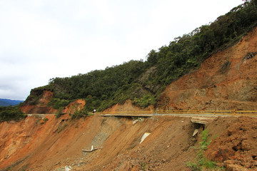 Destroyed road landslide damaged of powerful flood in the mountains near Popayan, Colombia, South America
