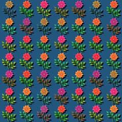 Colorful rose blossoms in seamless design of blue green red orange shades