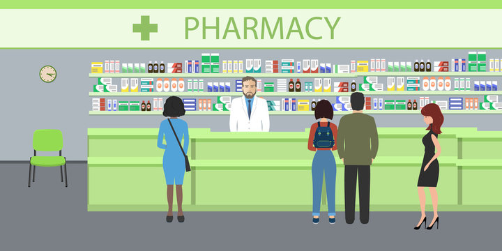 People in the pharmacy. The pharmacist man stands near the shelves with medicines. In the green hall there are visitors. Vector illustration.