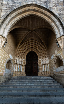 Main portal of the Se Cathedral of Evora, Portugal, originated in the 13th century, declared a World Heritage Site by UNESCO in 1988.
