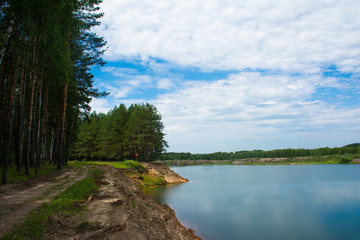 the road near the shore of the lake in the forest