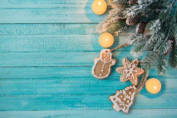 ginger cookies in the form of Christmas toys on dark blue background