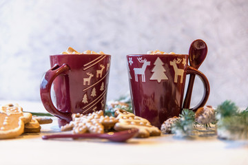 brown mug with cocoa and ginger cookies