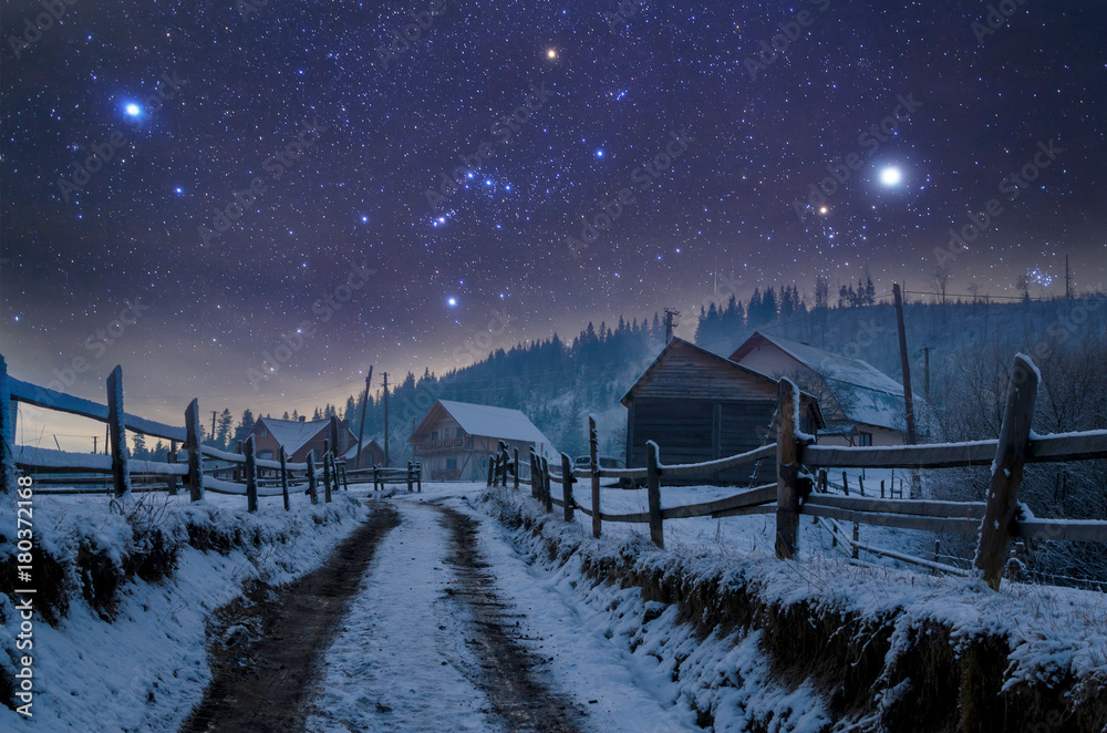 Wall mural beautiful night in winter. mountain landscape