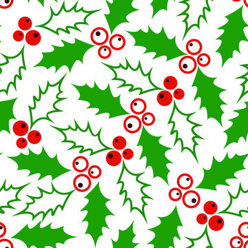 Seamless Christmas pattern with green leaves with red berries.