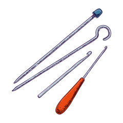 Set of knitting needles, colorful sketch illustration of of accessories for handicrafts. Vector