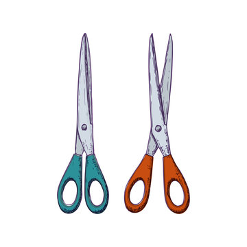 Set of scissors, colorful sketch illustration of of accessories for handicrafts. Vector