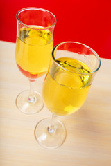 glasses of champagne and Christmas decorations