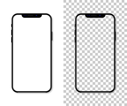 New version of black slim smartphone with blank white screen. Realistic vector illustration