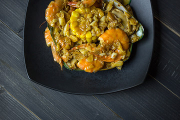 Thai Food, Koong tung, Asia fried seafoods with spicy sauce, Thai Style Spicy shrimps with Ga