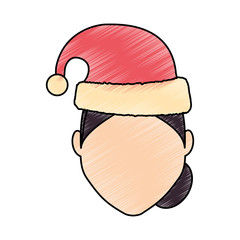 flat line colored woman face with santa hat  doodle over white backgrond  vector illustration