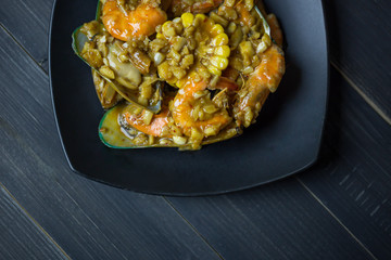 Thai Food, Koong tung, Asia fried seafoods with spicy sauce, Thai Style Spicy shrimps with Ga